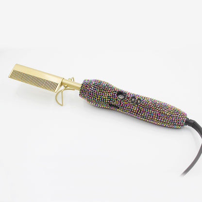 Hairdressing Comb Straight Curl Set With Glass Rhinestone Dual-Purpose Gold Diamond-Set Straight Hair Comb Hair Straightener