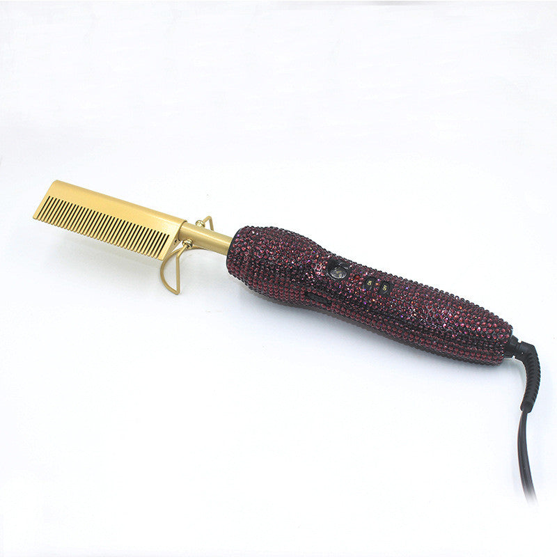 Hairdressing Comb Straight Curl Set With Glass Rhinestone Dual-Purpose Gold Diamond-Set Straight Hair Comb Hair Straightener
