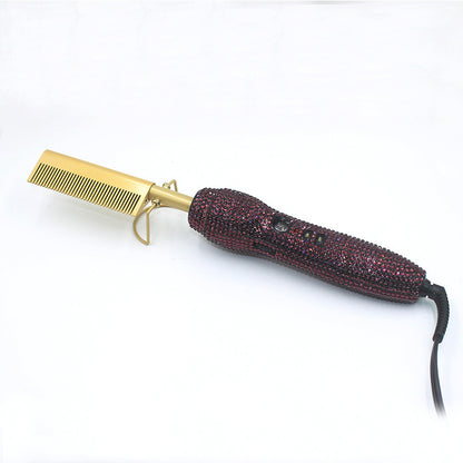 Hairdressing Comb Straight Curl Set With Glass Rhinestone Dual-Purpose Gold Diamond-Set Straight Hair Comb Hair Straightener