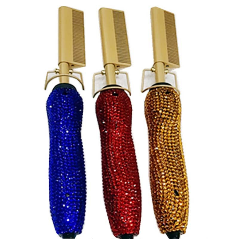 Hairdressing Comb Straight Curl Set With Glass Rhinestone Dual-Purpose Gold Diamond-Set Straight Hair Comb Hair Straightener