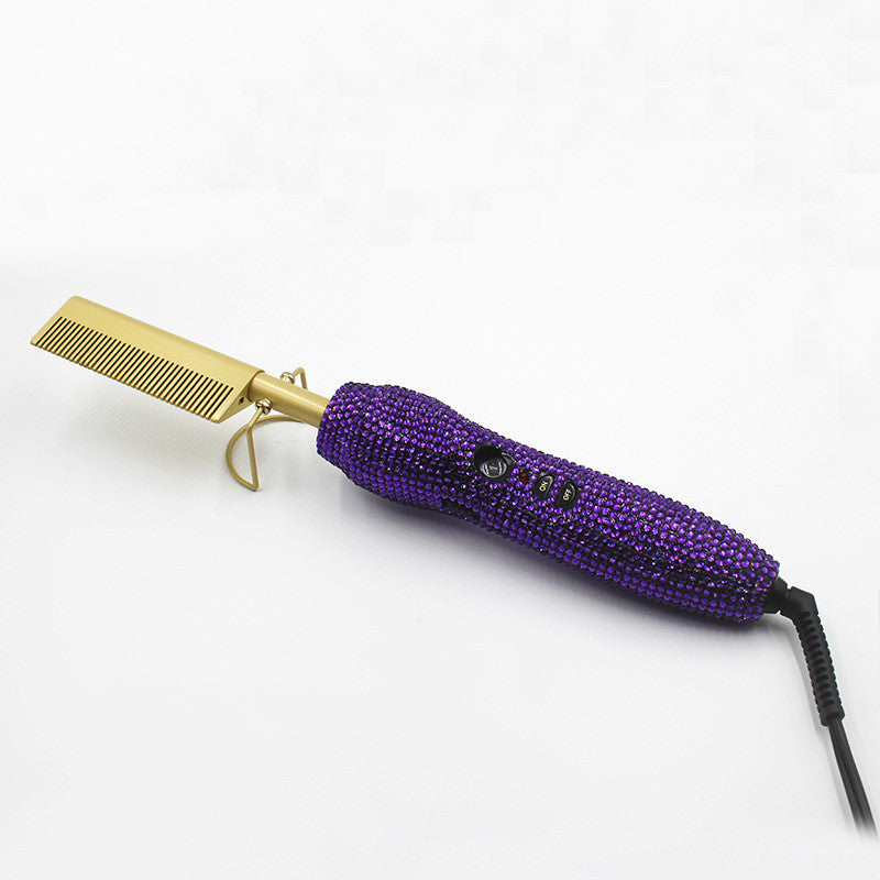 Hairdressing Comb Straight Curl Set With Glass Rhinestone Dual-Purpose Gold Diamond-Set Straight Hair Comb Hair Straightener