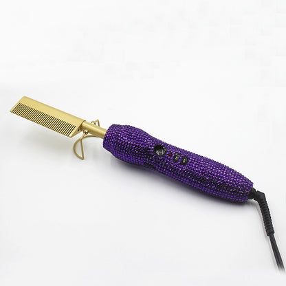 Hairdressing Comb Straight Curl Set With Glass Rhinestone Dual-Purpose Gold Diamond-Set Straight Hair Comb Hair Straightener