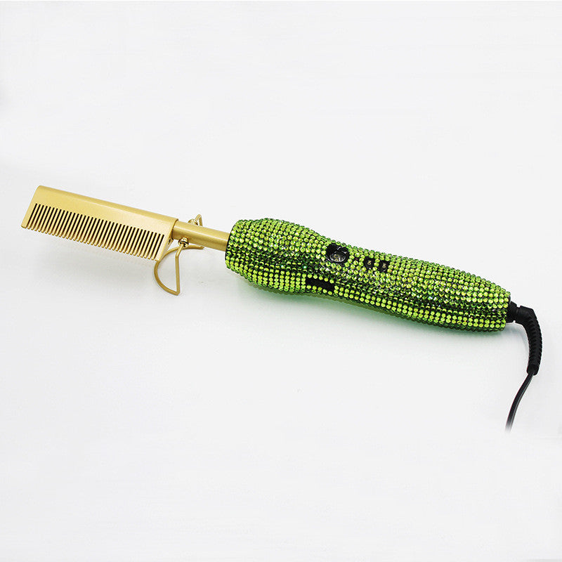 Hairdressing Comb Straight Curl Set With Glass Rhinestone Dual-Purpose Gold Diamond-Set Straight Hair Comb Hair Straightener