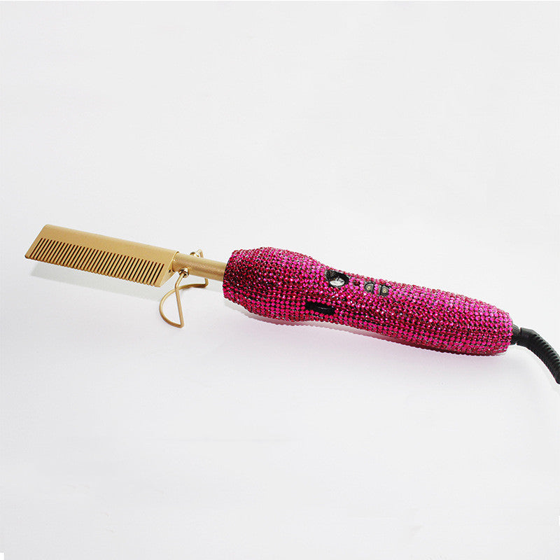 Hairdressing Comb Straight Curl Set With Glass Rhinestone Dual-Purpose Gold Diamond-Set Straight Hair Comb Hair Straightener