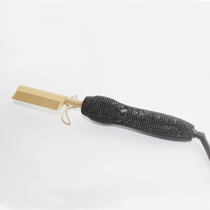 Hairdressing Comb Straight Curl Set With Glass Rhinestone Dual-Purpose Gold Diamond-Set Straight Hair Comb Hair Straightener