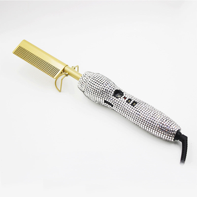 Hairdressing Comb Straight Curl Set With Glass Rhinestone Dual-Purpose Gold Diamond-Set Straight Hair Comb Hair Straightener