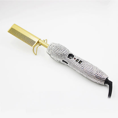 Hairdressing Comb Straight Curl Set With Glass Rhinestone Dual-Purpose Gold Diamond-Set Straight Hair Comb Hair Straightener