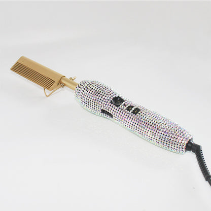 Hairdressing Comb Straight Curl Set With Glass Rhinestone Dual-Purpose Gold Diamond-Set Straight Hair Comb Hair Straightener