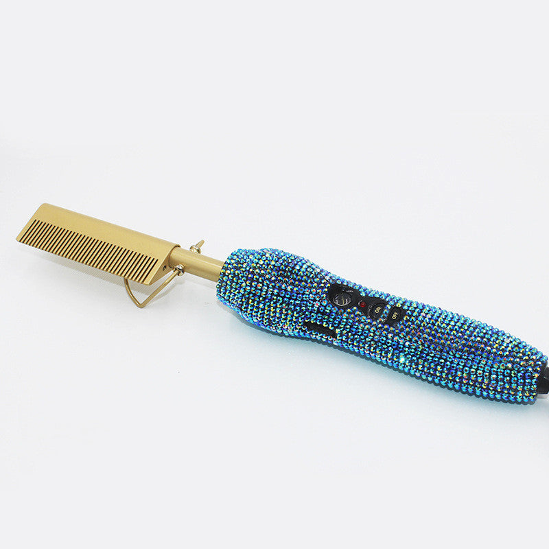 Hairdressing Comb Straight Curl Set With Glass Rhinestone Dual-Purpose Gold Diamond-Set Straight Hair Comb Hair Straightener