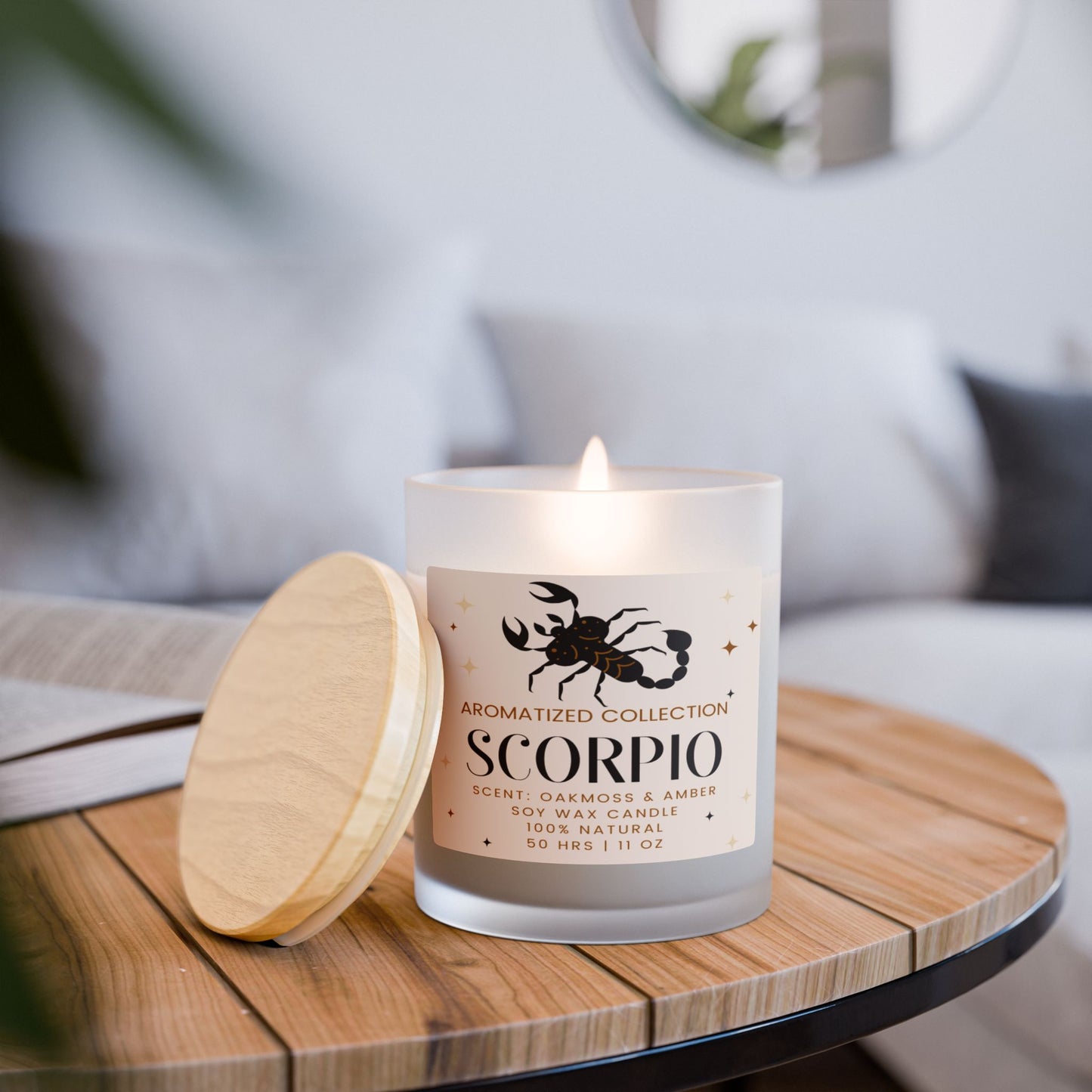 Scorpio Oakmoss & Amber Scented Candle, 11oz Frosted Glass || Zodiac Decor, Relaxation Gift, Home Fragrance, Astrology Gift, Self-Care Candle