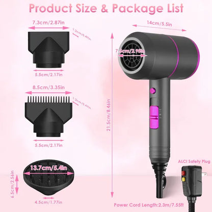 1800W Hair Dryer Portable Compact Hair Blow Dryer With Cool/Warm/Hot Wind With Diffuser Concentrator/Comb Nozzle ALCI Plug Overheat Protection For Women Man Straight Curly Hair