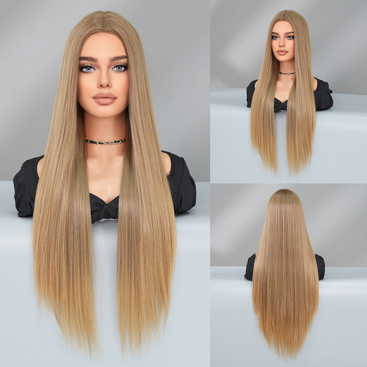 Super Long Medium Straight Hair Full-head Wig Natural Gold Gradient Chemical Fiber Wig